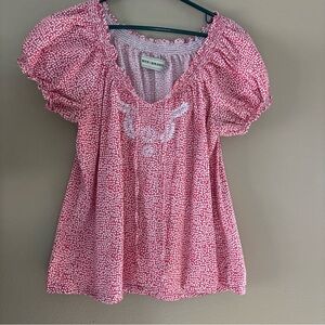 Bit & Bridle Pink and White Puff Sleeve Ruffled Blouse